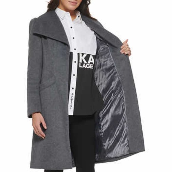 Karl Lagerfeld Belted Wool Blend Coat, Grey, L - Picture 2 of 3